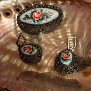 Vintage Floral Porcelain Rose Jewelry Set - Pink & Green Accents